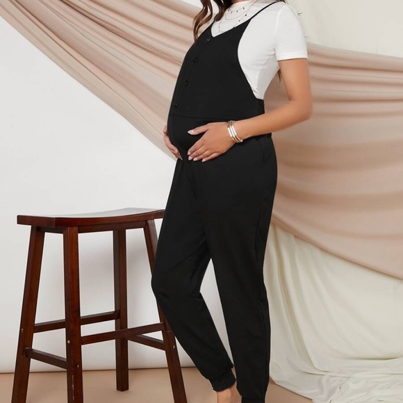 MATERNITY Black button up cami jumpsuit pocket cozy - Picture 3 of 10
